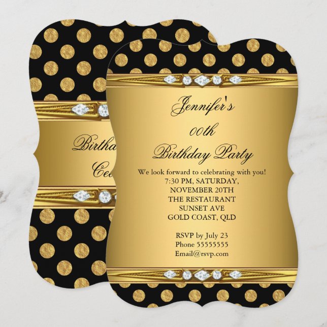 Faux Foil Gold Black Polka Dots Diamond Birthday Invitation (Front/Back)