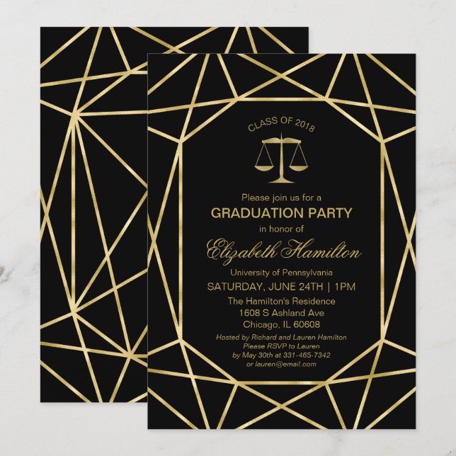 Faux Foil Gold Geometric Law School Grad Party Invitation (Front/Back)