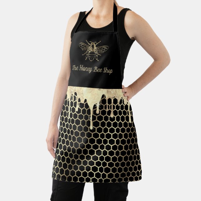 faux foil honey drips bee on black apron (Insitu)