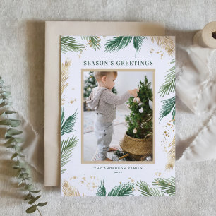 Faux Foil Pine Needles Photo Season's Greetings Holiday Card