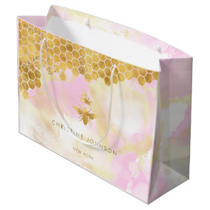 faux foil queen bee on pink watercolor splashes large gift bag