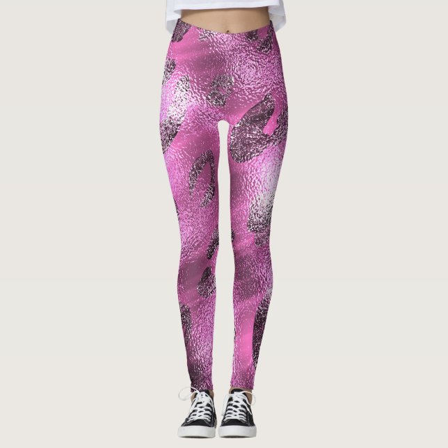 Faux Foil Shiny Look Silver & Pink Leopard Print Leggings (Front)