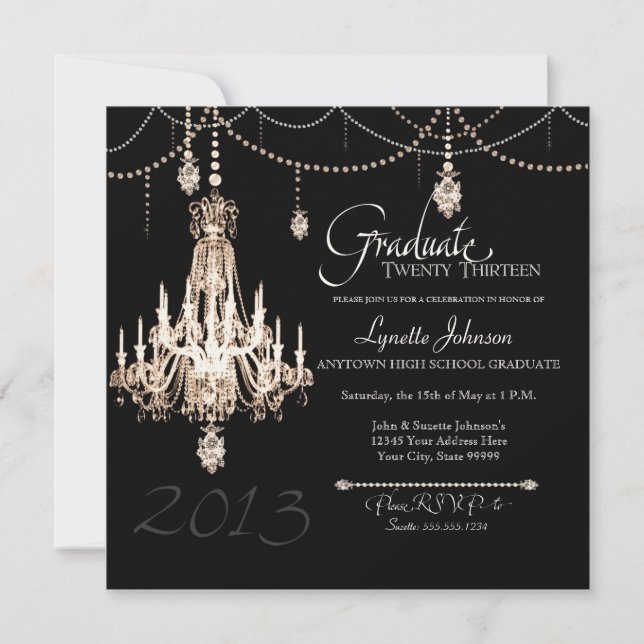 FAUX French Crystal Chandelier Draped Pearls Party Invitation (Front)