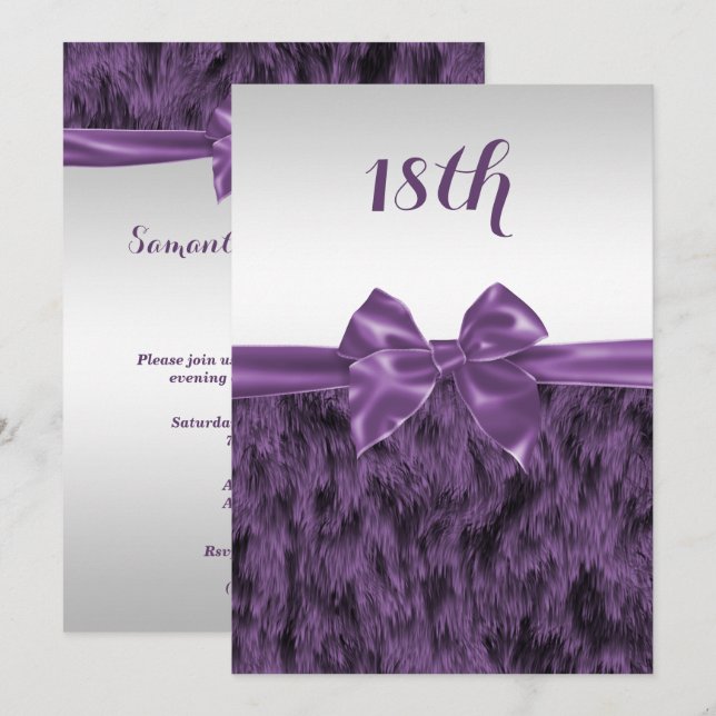 Faux Fur & Purple Bow 18th Birthday Invitation (Front/Back)