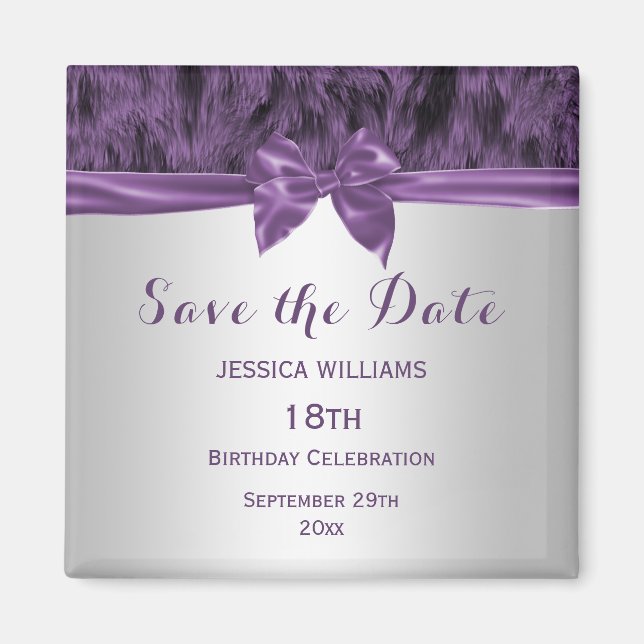 Faux Fur & Purple Bow Birthday Save The Date Magnet (Front)