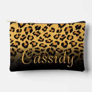 Faux Fur Wild Leopard Print with Gold Name Accessory Pouch