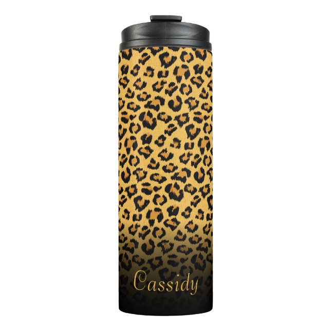 Faux Fur Wild Leopard Print with Gold Name Thermal Tumbler (Front)