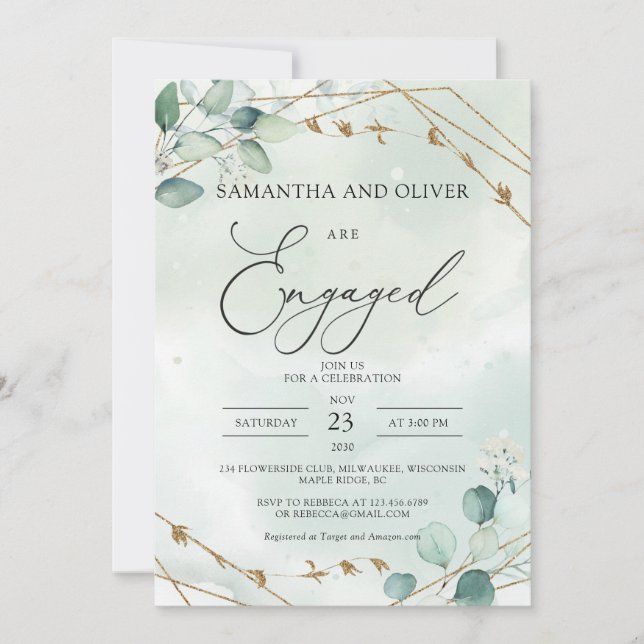 Faux Ggold Geometric Green Eucalyptus Engagement Invitation (Front)