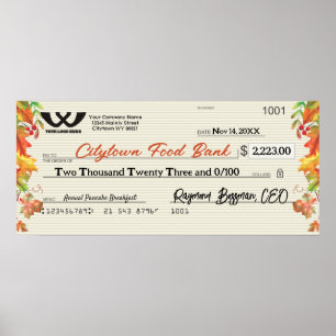 Faux giant charity check autumn fall Thanksgiving  Poster
