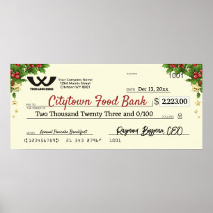 Faux giant charity check Christmas holly stars Poster