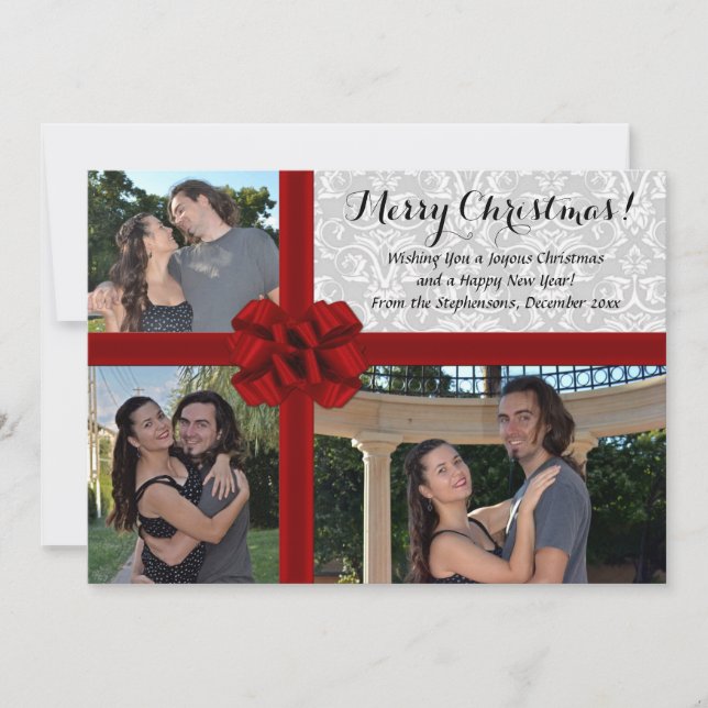 Faux Gift Box, 3-Photo Christmas Greeting Invitation (Front)