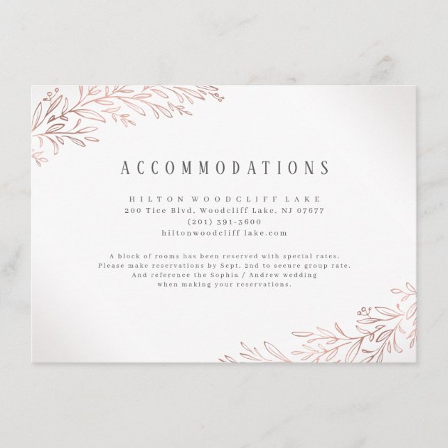 Faux gilded Rose gold botanical accommodations Enclosure Card (Front)