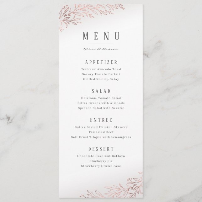 Faux gilded rose gold botanical elegant wedding menu (Front)
