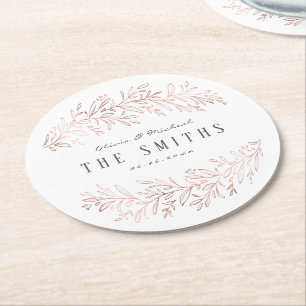 Faux gilded rose gold botanical elegant wedding round paper coaster