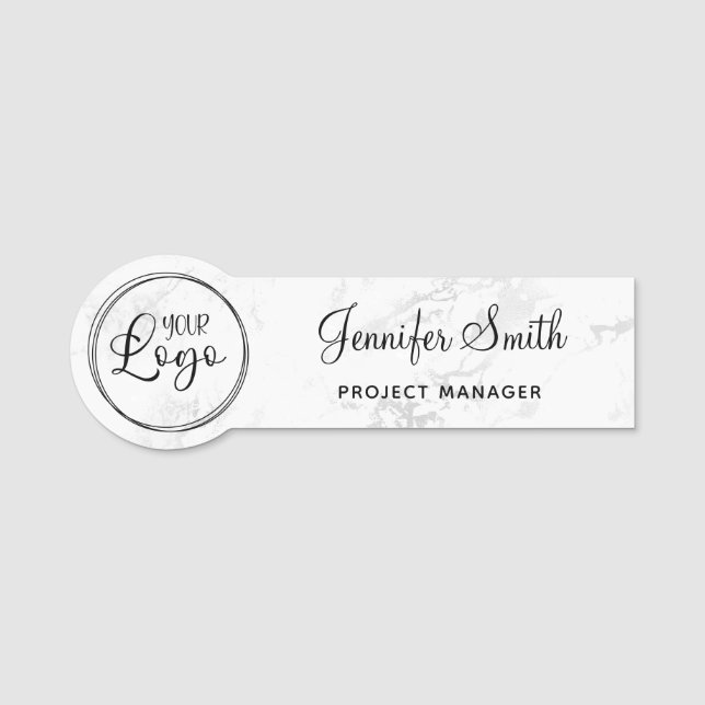 Faux Glam Marble Business Logo Name Tag (Front)