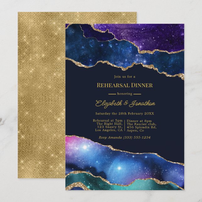 Faux Glitter Agate Celestial Rehearsal Dinner Invitation (Front/Back)