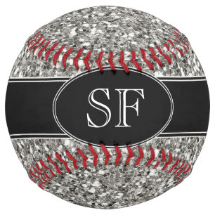 Faux Glitter and Black Monogram Softball