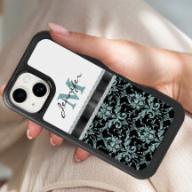 Faux Glitter Aqua Damask Monogram