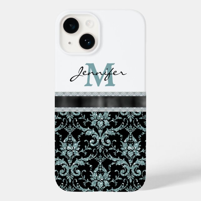 Faux Glitter Aqua Damask Monogram Case-Mate iPhone Case (Back)