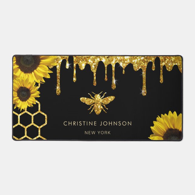 faux glitter bee and sunflowers desk mat (Front)