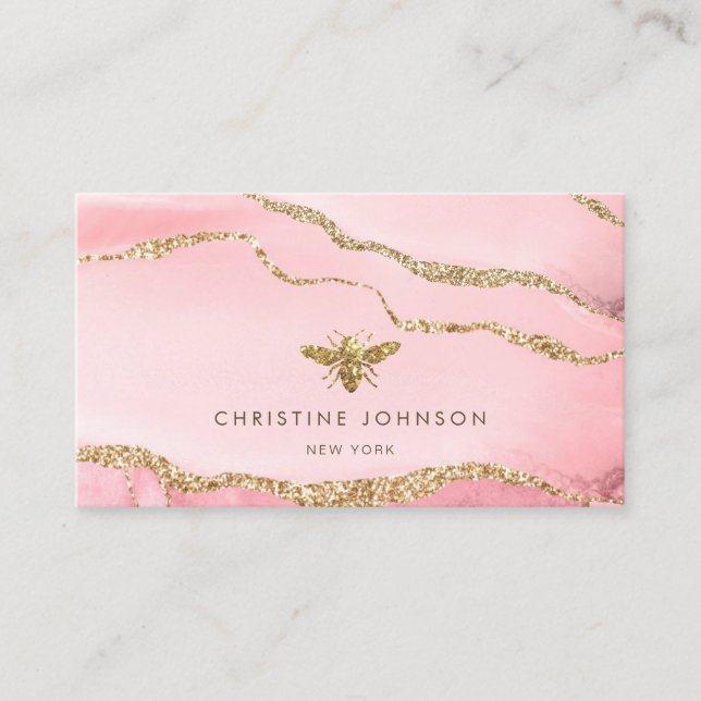 faux glitter bee on agate background business card (Front)