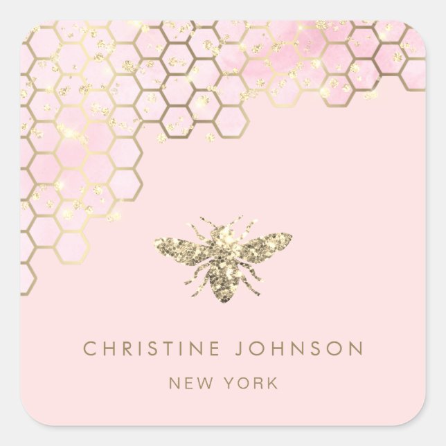 faux glitter bee on blush pink square sticker (Front)