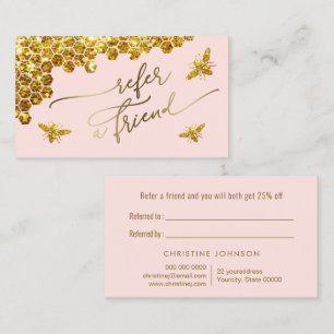 faux glitter bee on pink referral card