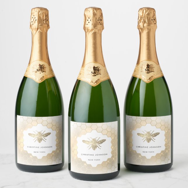 Faux glitter bee  sparkling wine label (Bottles)