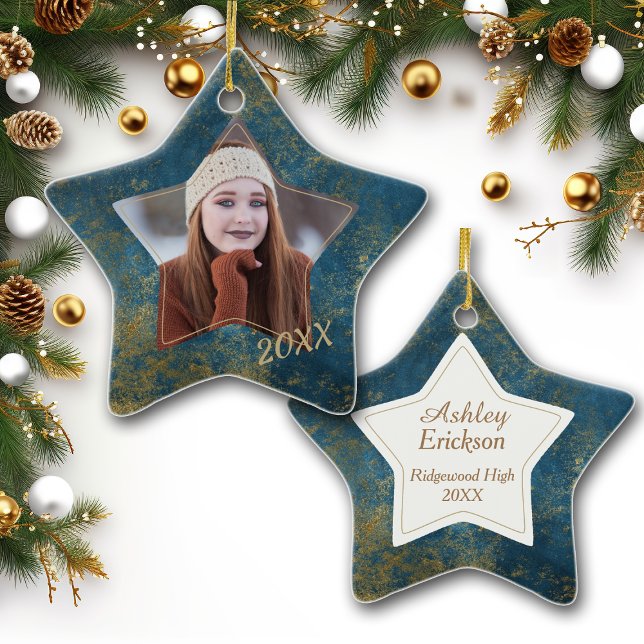 Faux Glitter Blue Stone Frame Graduate Photo Ceramic Tree Decoration (Creator Uploaded)