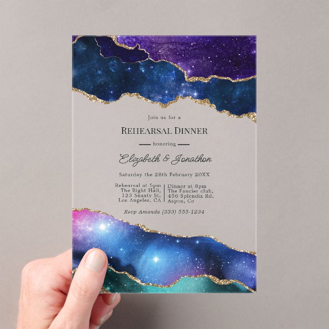 Faux Glitter Celestial Agate Rehearsal Dinner Acrylic Invitations (Insitu (Handheld))