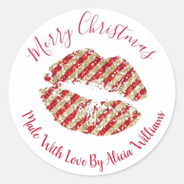 Faux Glitter Christmas Lips Glitter Kisses Classic Round Sticker (Front)