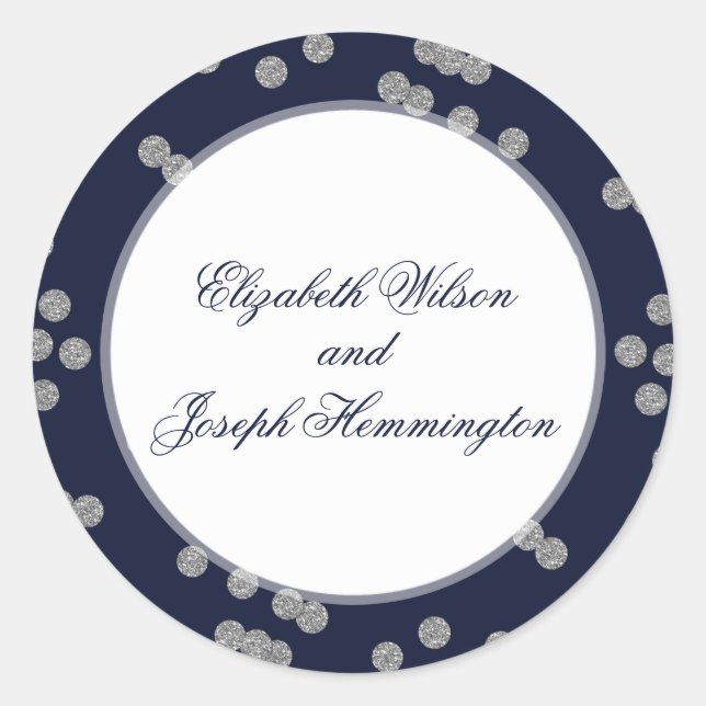 FAUX Glitter confetti navy and silver wedding Classic Round Sticker (Front)