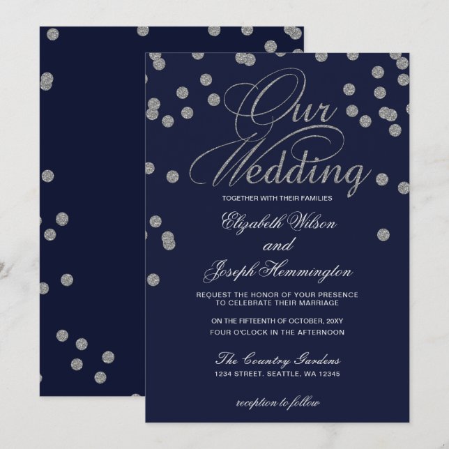 FAUX Glitter confetti navy and silver wedding Invitation (Front/Back)