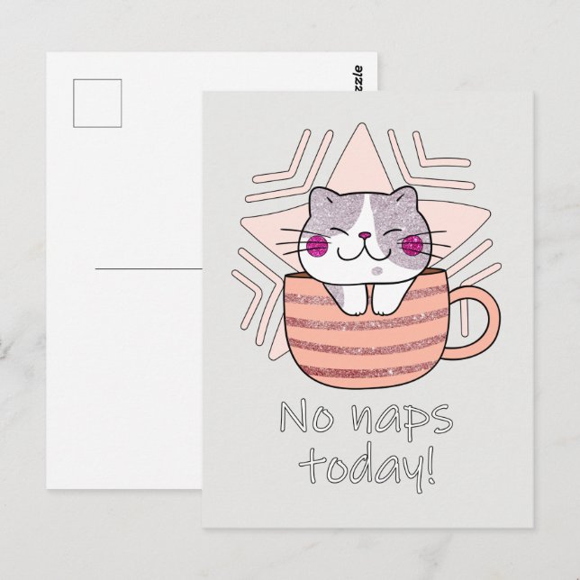Faux Glitter, Cute Cat in Coffee Mug Postcard (Front/Back)
