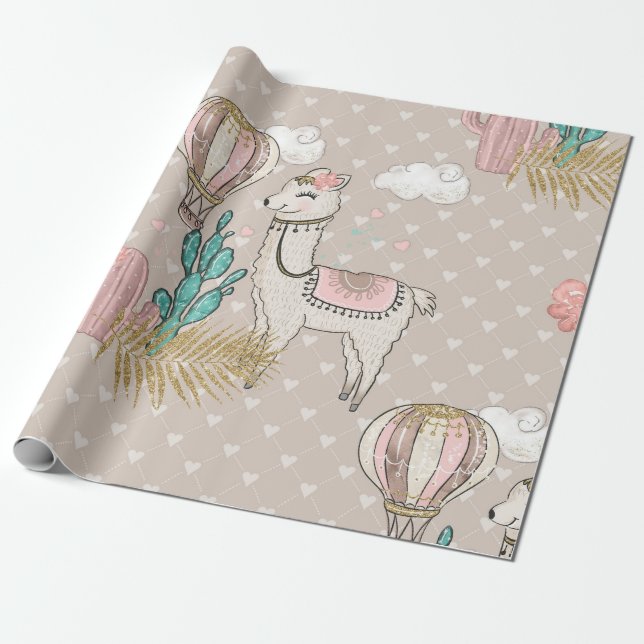 Faux Glitter Desert Steampunk Llama Wrapping Paper (Unrolled)