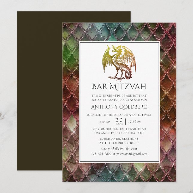 Faux Glitter Dragon themed Bar Mitzvah Invitation (Front/Back)