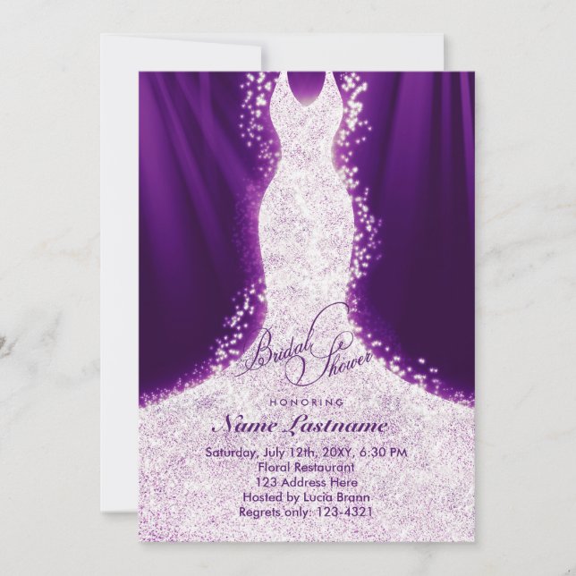 Faux Glitter Dress Purple Bridal Shower Invite (Front)