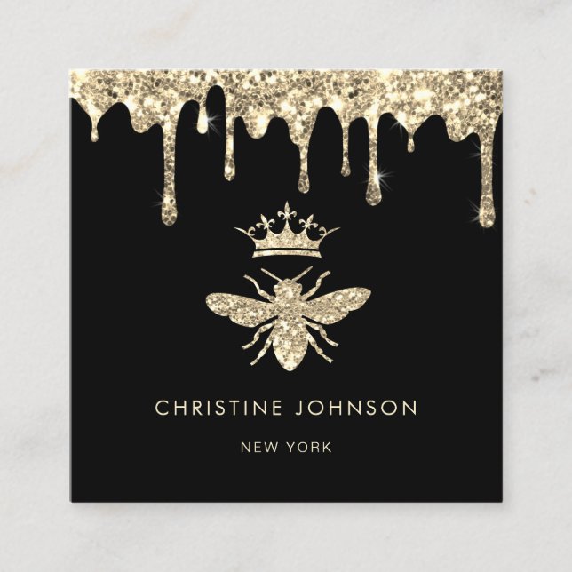 faux glitter drips queen bee logo square business card (Front)