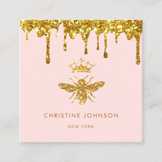 faux glitter drips queen bee square business card (Front)