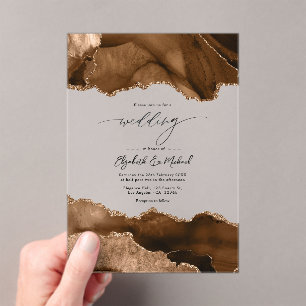 Faux Glitter Earthy Neutral Brown Agate Wedding Acrylic Invitations