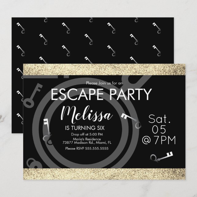 Faux Glitter Escape Room Birthday Party Black Gold Invitation (Front/Back)