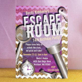 Faux Glitter Escape Room Party Invitations
