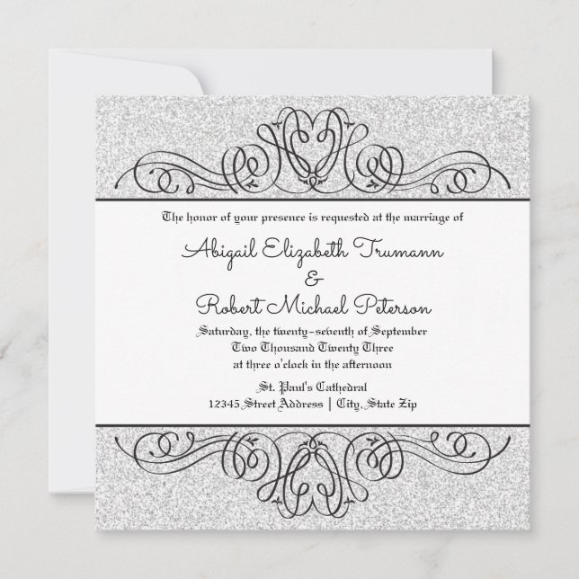 Faux Glitter Formal Floral Flourish-Wedding Invite (Front)