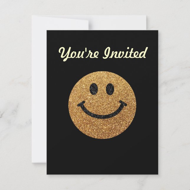 Faux Glitter Gold Happy Face - matte sparkles Invitation (Front)