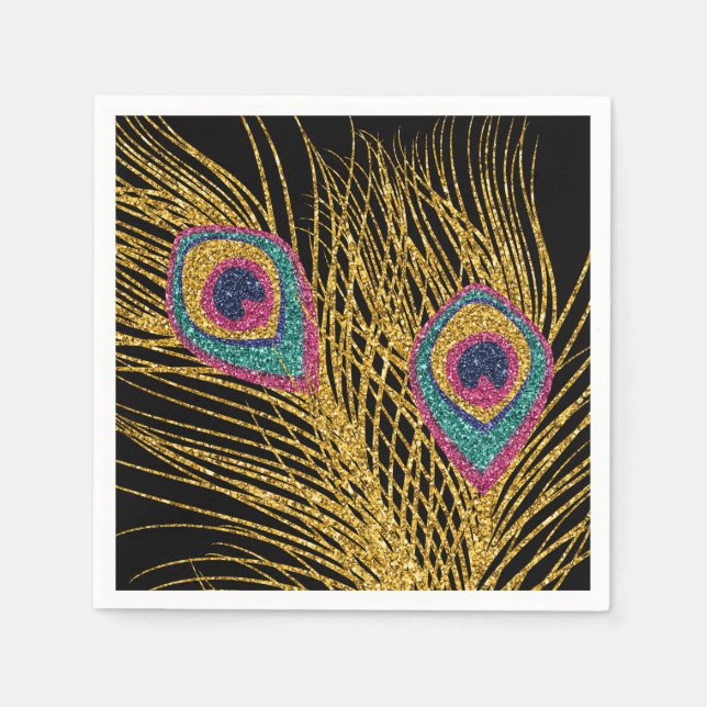Faux Glitter Gold Peacock Feathers Napkin (Front)