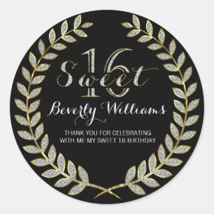 Faux Glitter & Gold Wreath On Black Sweet 16 Classic Round Sticker