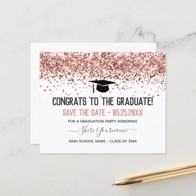 Faux Glitter Graduation Party Save the Date Invita (Front/Back In Situ)