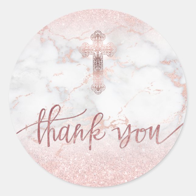 FAUX glitter Holy Cross on marble | Thank you Classic Round Sticker (Front)