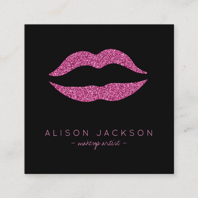 Faux glitter hot pink lips on black makeup artist square business card (Front)
