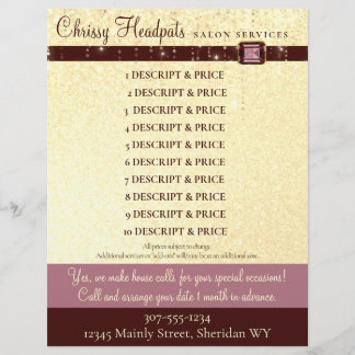 Faux glitter jewel hair stylist salon price list custom letterhead